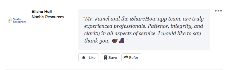 Alisha Hall — Noah's Resources testimonial for iShareHow