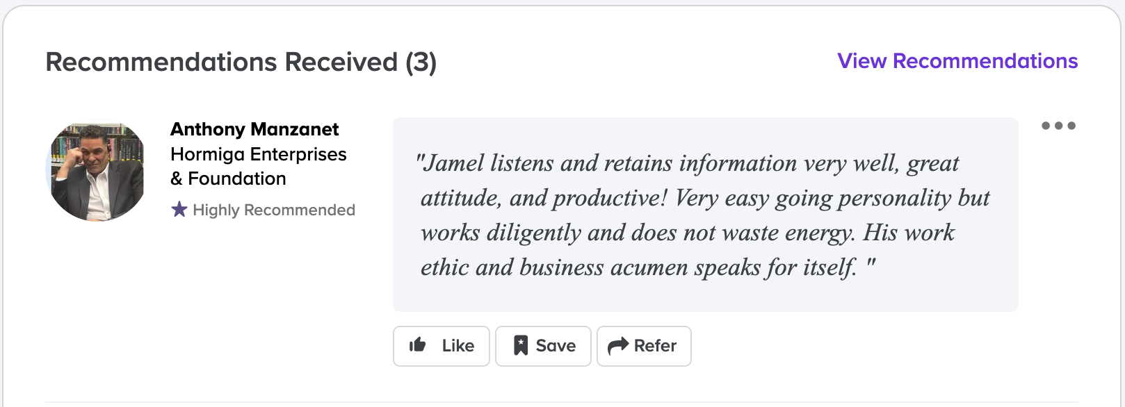 Anthony Manzanet — Hormiga Enterprises & Foundation testimonial for iShareHow