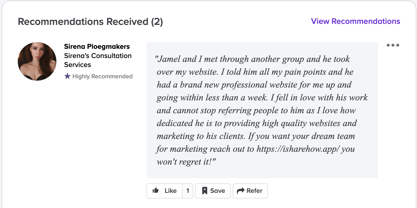 Sirena Ploegmakers — Sirena's Consultation Services testimonial for iShareHow